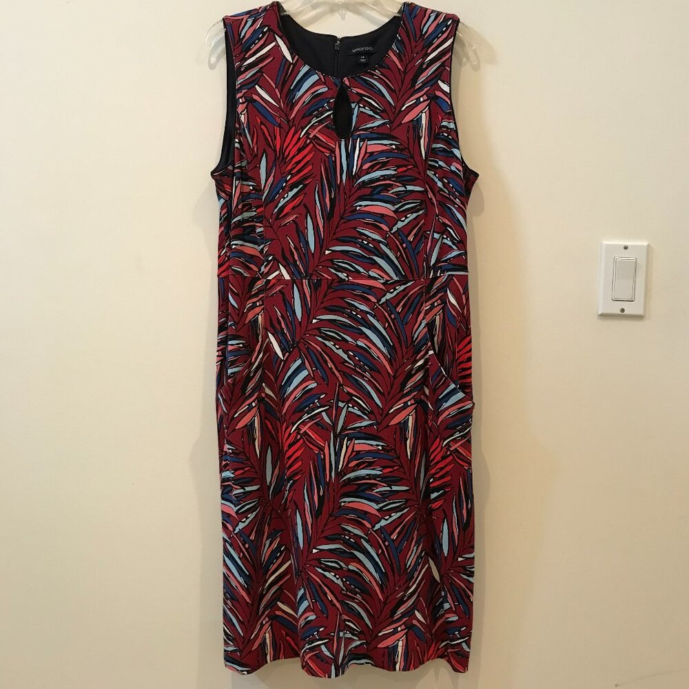 Land's End Ponte Knit Keyhole Sheath Dress in Warm Cinnabar Leaves, size 14